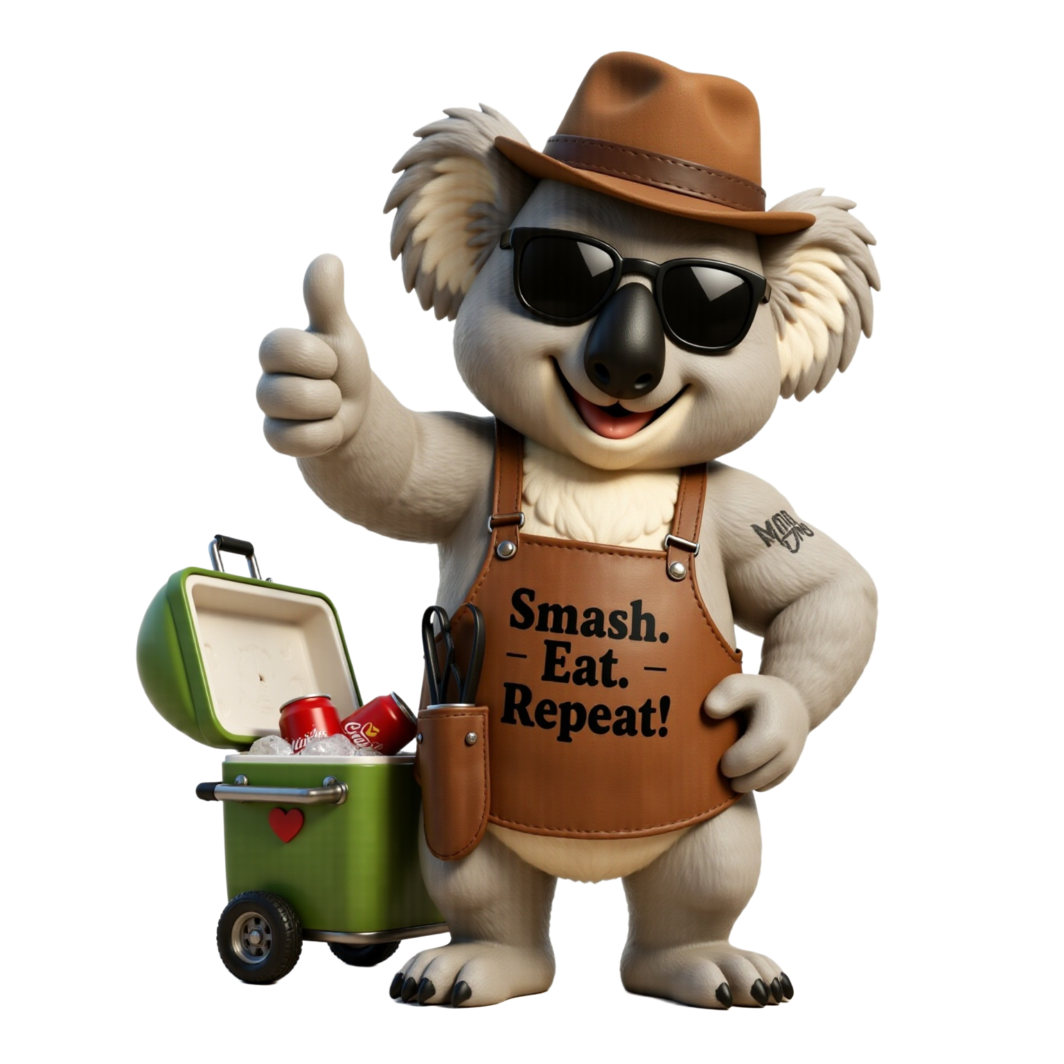 Barry the Koala showing a thumbs up to the user. A green ice cooler with drinks sits next to him holding cans of drink.