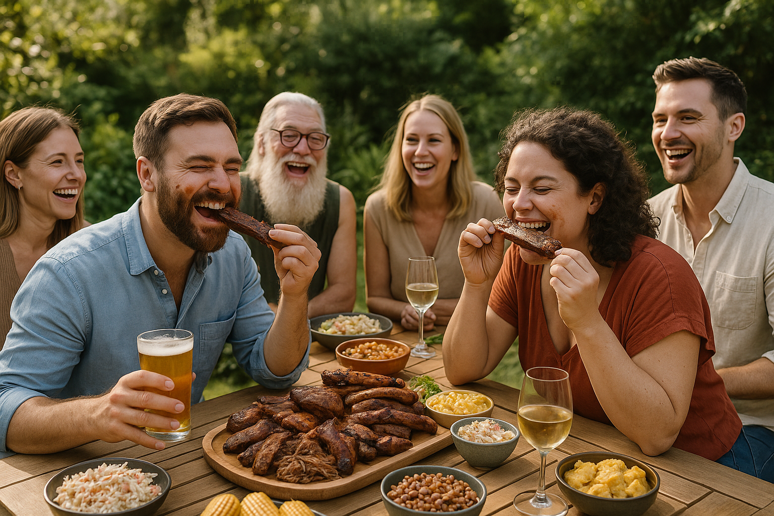 Friends enjoying a backyard BBQ together eating grilled meat and sharing food outdoors