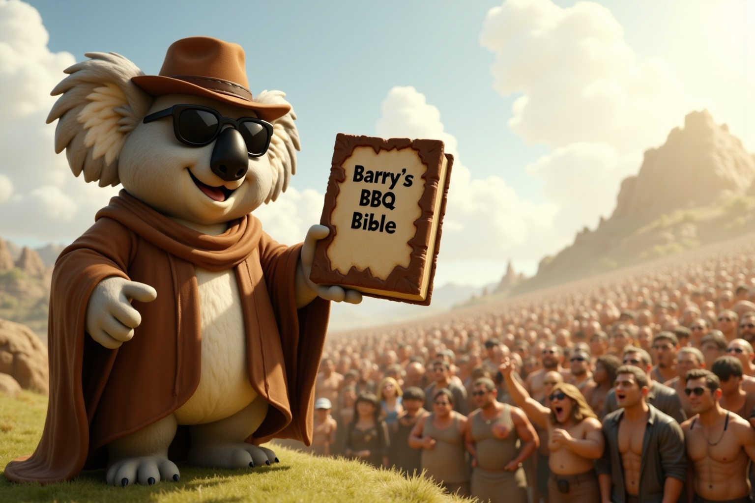 Barry the Koala mascot preaching BBQ wisdom from Barry’s BBQ Bible.