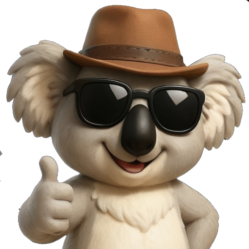Barry the Koala wearing sunglasses and an outback hat giving a thumbs up