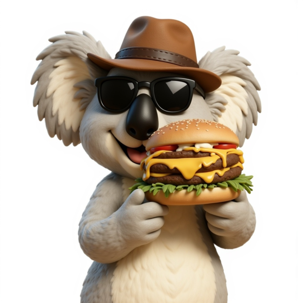 Barry the Koala mascot holding a cheesy smash burger wearing sunglasses and a cowboy hat.