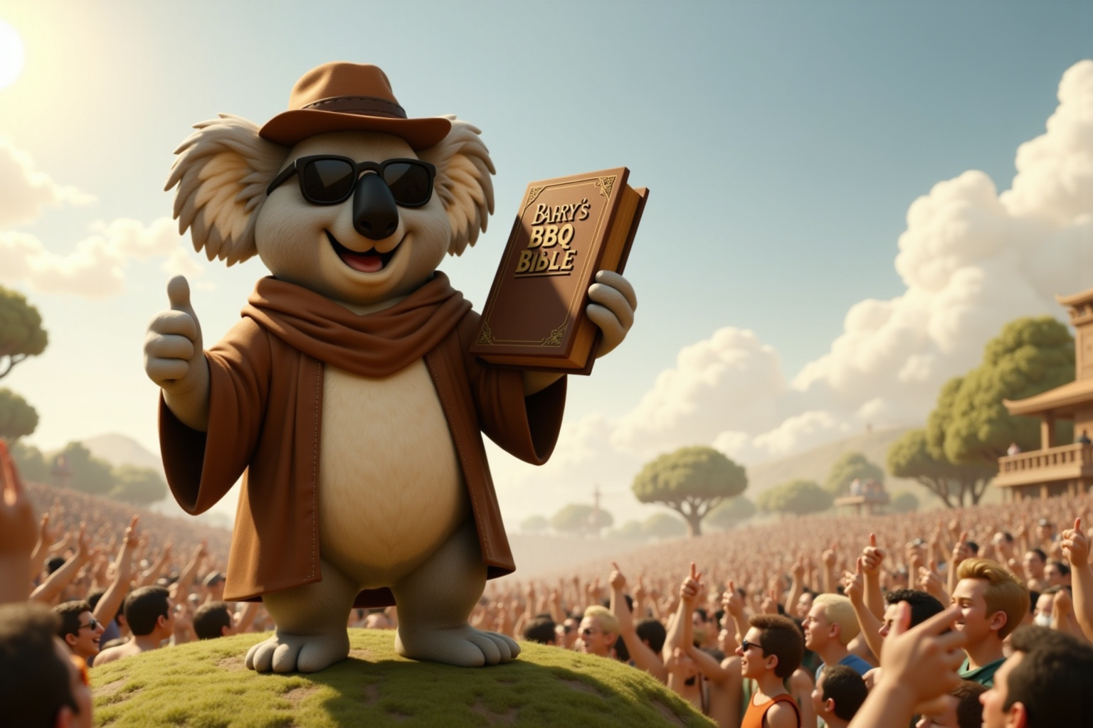 Barry the koala holding Barry’s BBQ Bible recipe book