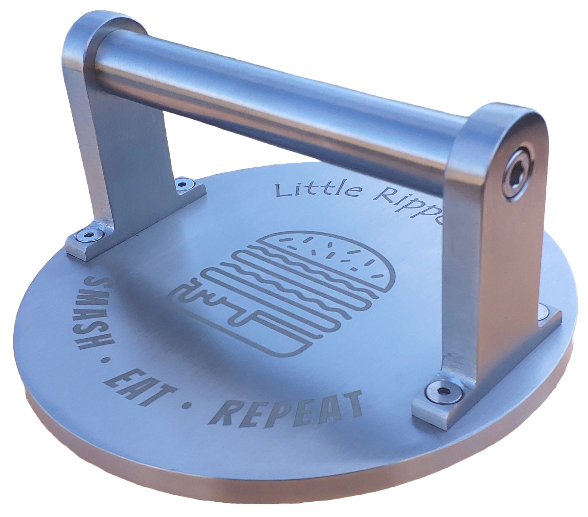 Stainless steel smash burger press by Little Ripper Co used for making crispy smash burgers on a BBQ or griddle.