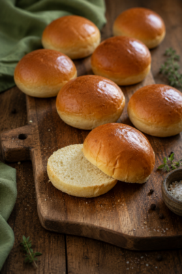 Homemade milk burger buns with glossy golden tops and a soft fluffy crumb on a wooden chopping board