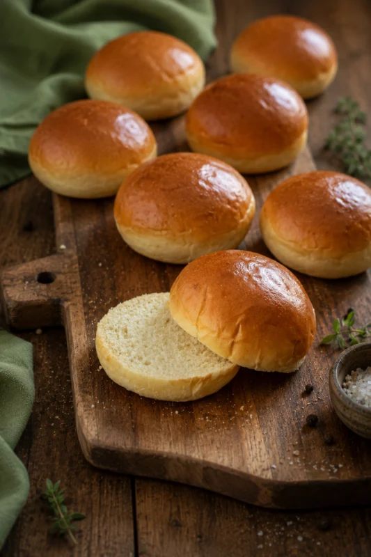 Homemade milk burger buns with glossy golden tops and a soft fluffy crumb on a wooden chopping board