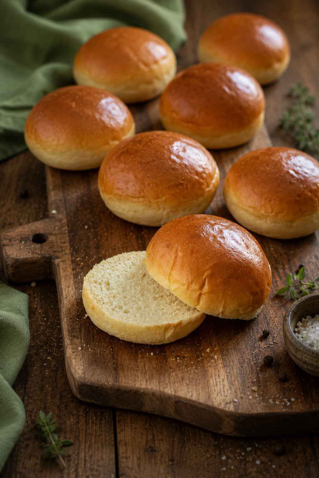 Homemade milk burger buns with glossy golden tops and a soft fluffy crumb on a wooden chopping board