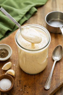 Homemade Alabama white sauce in a glass jar with black pepper, garlic and kitchen utensils on a wooden chopping board