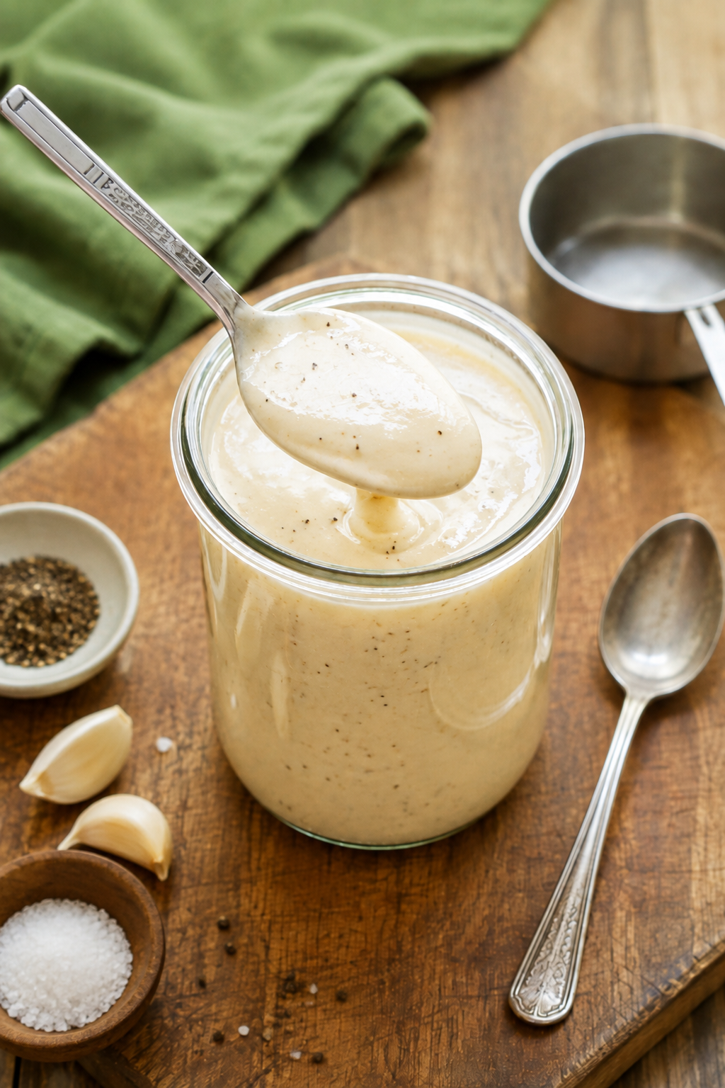 Homemade Alabama white sauce in a glass jar with black pepper, garlic and kitchen utensils on a wooden chopping board