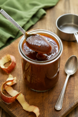 Homemade apple BBQ sauce in a glass jar with a spoon, apple peels and cooking utensils on a wooden chopping board