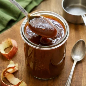 Homemade apple BBQ sauce in a glass jar with a spoon, apple peels and cooking utensils on a wooden chopping board