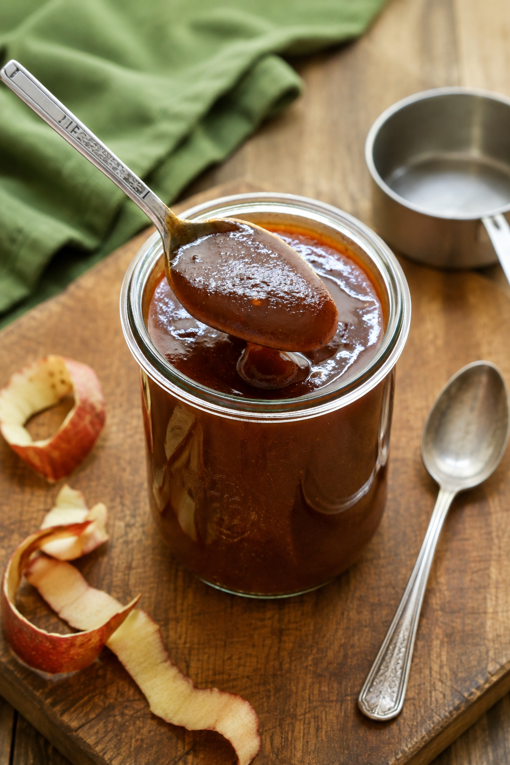 Homemade apple BBQ sauce in a glass jar with a spoon, apple peels and cooking utensils on a wooden chopping board