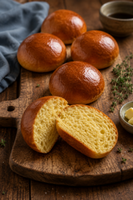 Homemade brioche burger buns with glossy golden tops and a soft buttery yellow crumb on a wooden chopping board