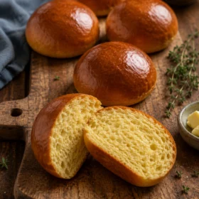 Homemade brioche burger buns with glossy golden tops and a soft buttery yellow crumb on a wooden chopping board