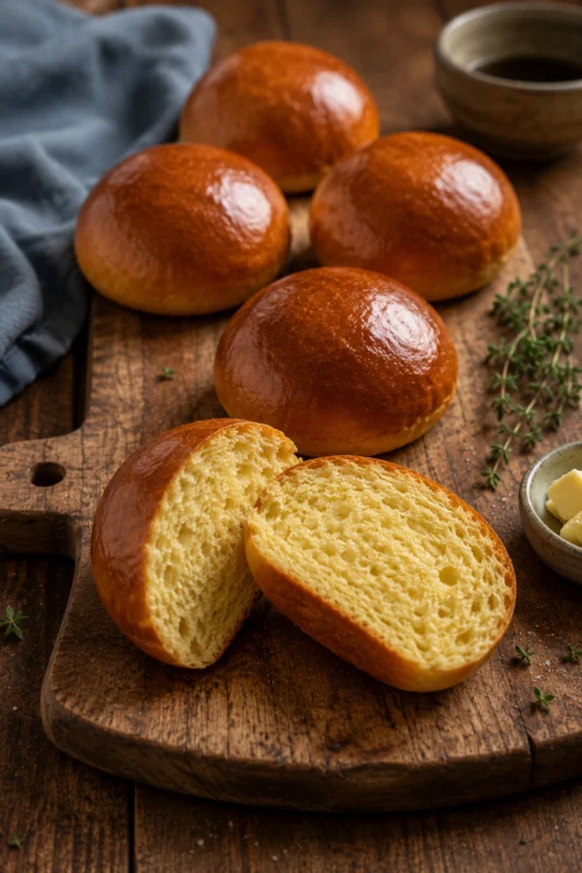 Homemade brioche burger buns with glossy golden tops and a soft buttery yellow crumb on a wooden chopping board