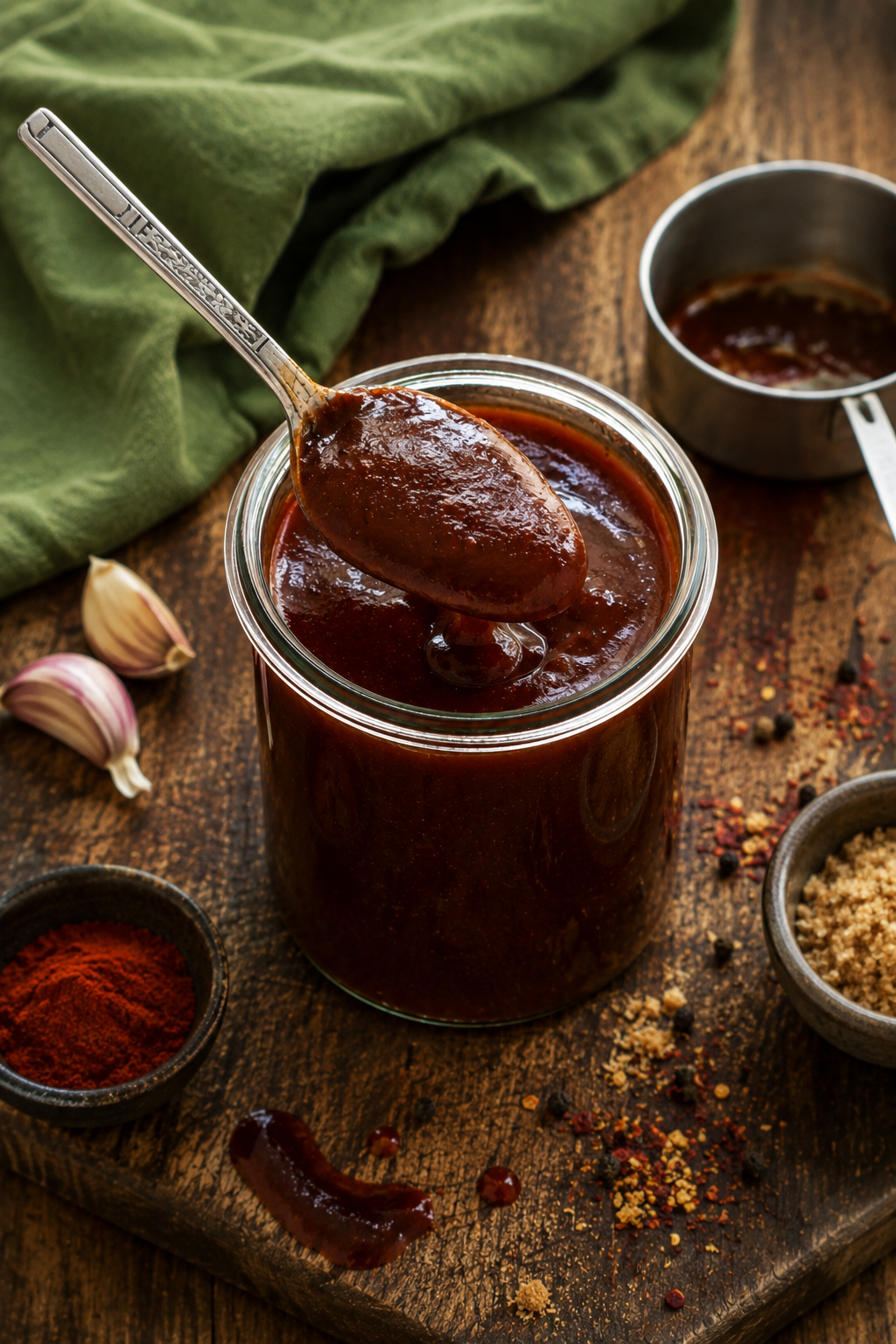 Homemade BBQ sauce in a glass jar with garlic, paprika, brown sugar and spices on a wooden chopping board