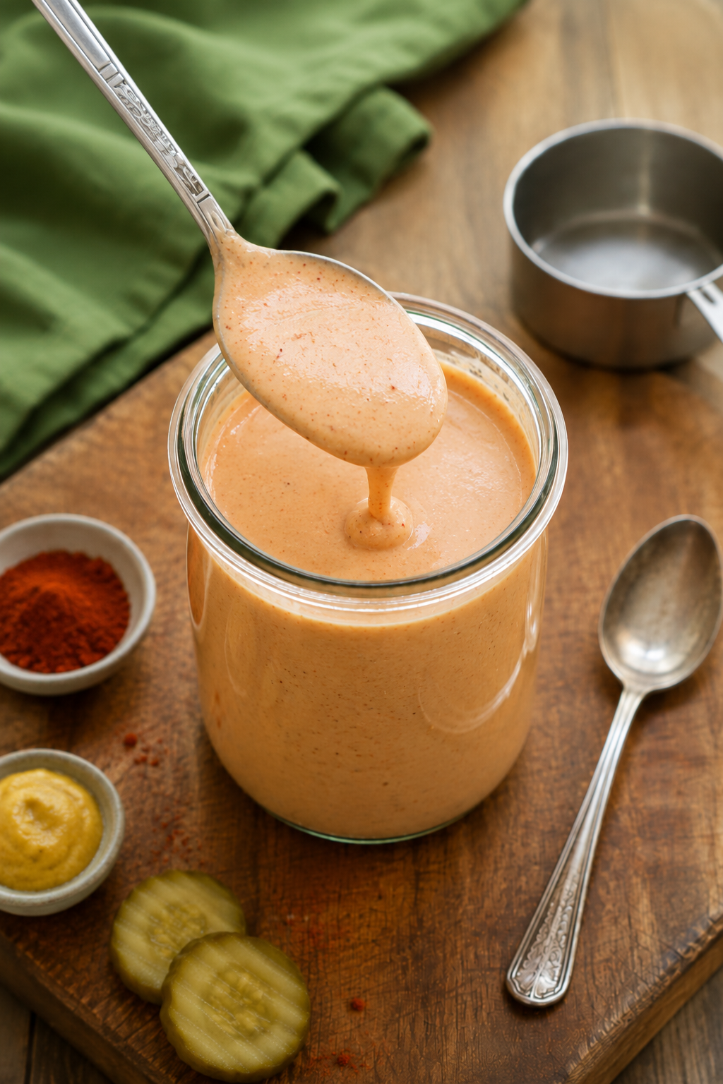 Homemade classic burger sauce in a glass jar with pickles, mustard and spices on a wooden chopping board