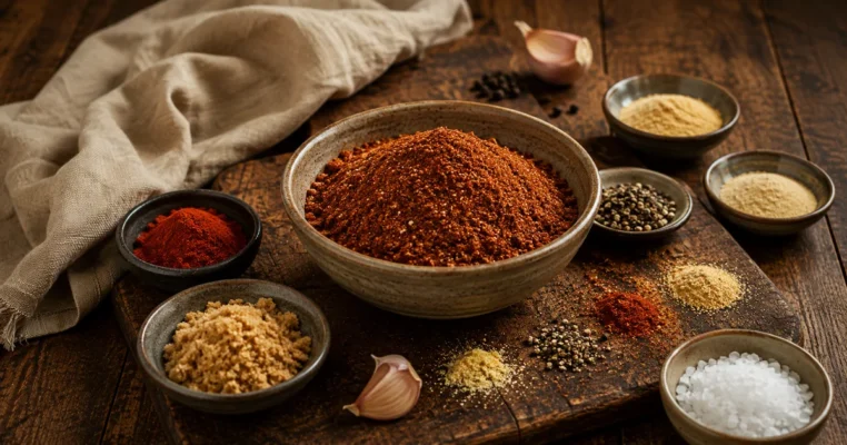 Homemade smoked meat BBQ rub with brown sugar, paprika and spices