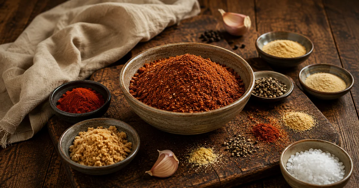 Homemade smoked meat BBQ rub with brown sugar, paprika and spices