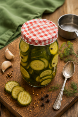 Homemade sliced pickles in a glass jar with dill, garlic, peppercorns and mustard seeds on a wooden chopping board