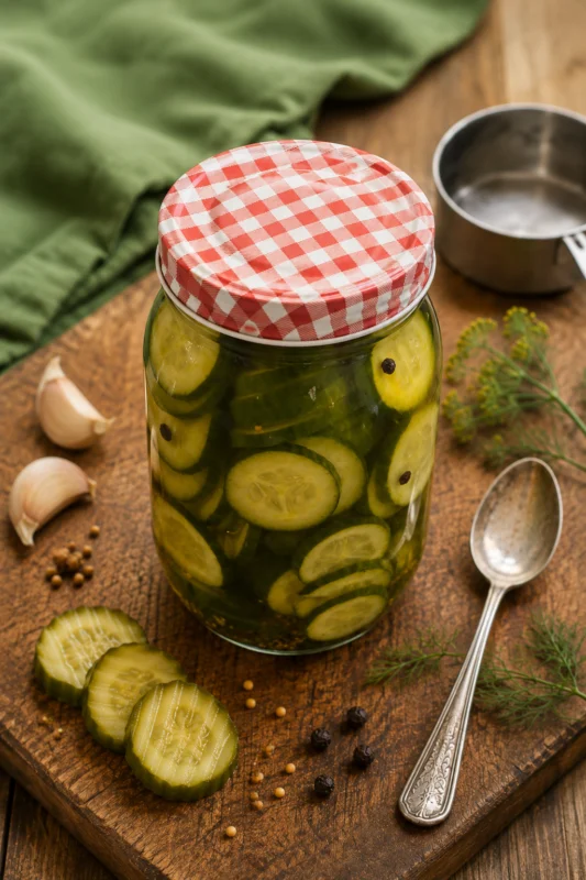 Homemade sliced pickles in a glass jar with dill, garlic, peppercorns and mustard seeds on a wooden chopping board