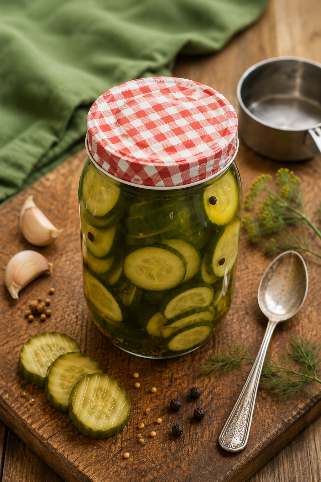 Homemade sliced pickles in a glass jar with dill, garlic, peppercorns and mustard seeds on a wooden chopping board