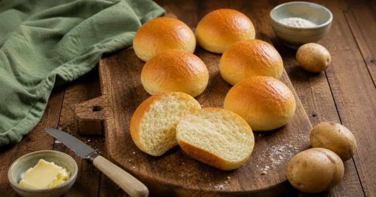 Homemade potato burger buns with golden tops and a soft fluffy crumb on a rustic wooden chopping board