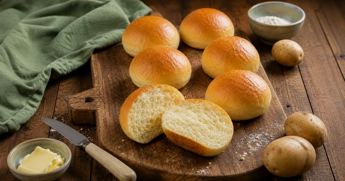 Homemade potato burger buns with golden tops and a soft fluffy crumb on a rustic wooden chopping board